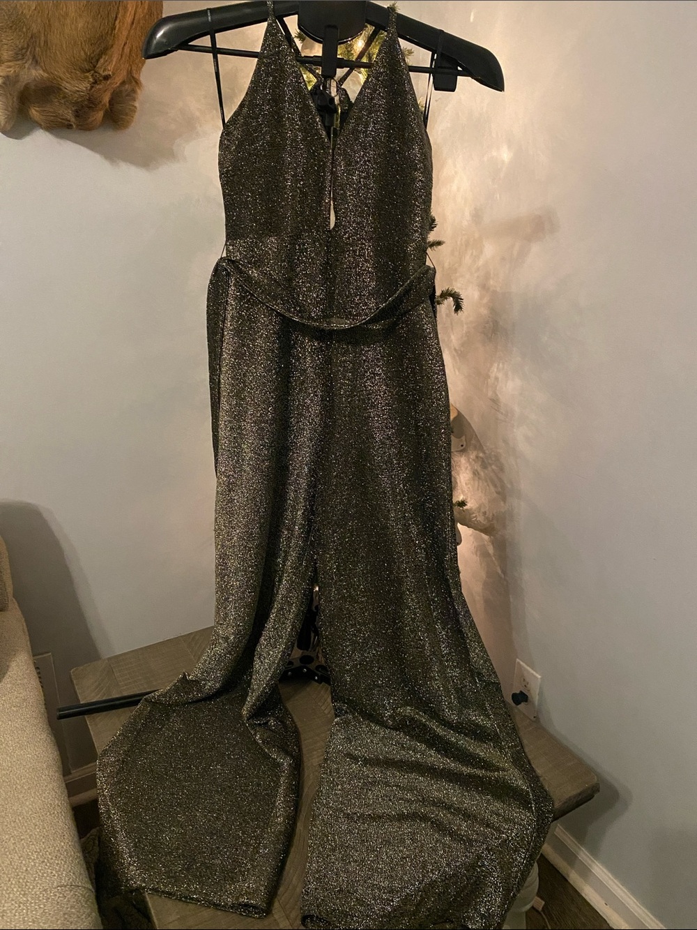 Forever 21 Metallic Olive Green Halter Gown jumpsuit suit..